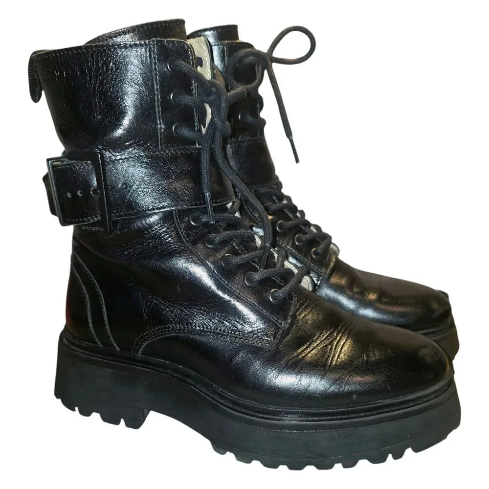 ALLSAINTS Sz 7 ONYX Black Combat Lace Up Zipper Buckle Lug Sole Moto Biker Boots - Picture 16 of 16